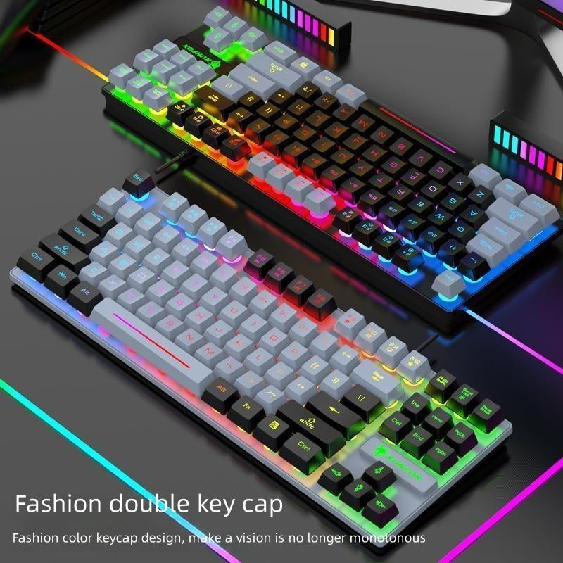 Double Key Cap Lighting Gaming Keyboard, 1 Count Rainbow Backlight Dual-Color Film E-Sports Keyboard, 87 Key Mixed Color Light Effect Mechanical Keyboard